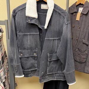 We The Free Black Denim Sherpa Collar Jacket